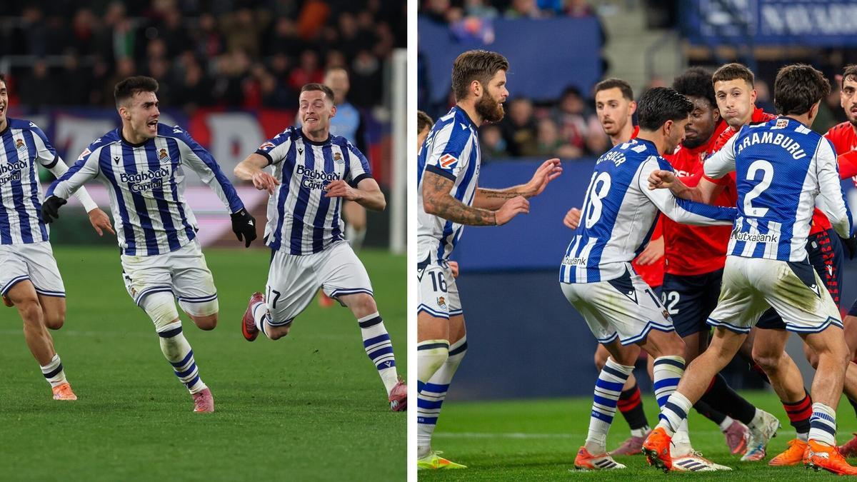 Cara y cruz realista en El Sadar: la celebración del gol de Barrene y la defensa de una acción a balón parado.