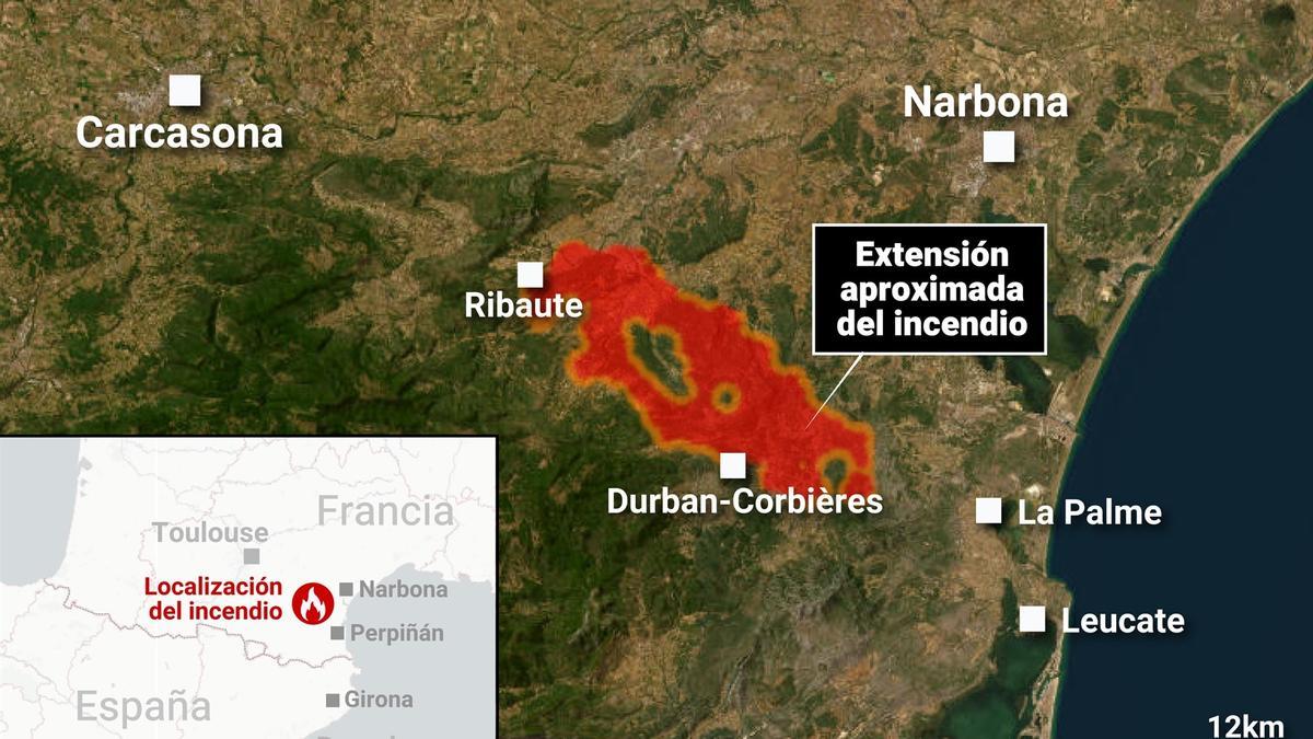 Mapa con extensión del incendio del sur de Francia.