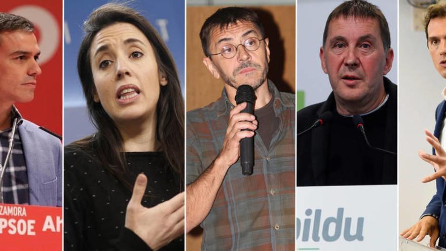 Pedro Sánchez, Irene Montero, Juan Carlos Monedero, Arnaldo Otegi y Albert Rivera.