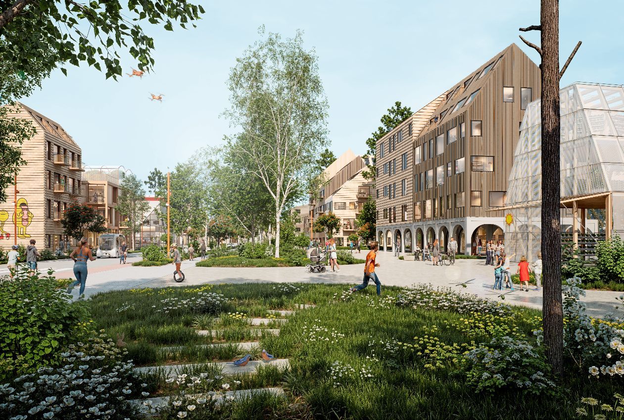 Recreación del barrio en la propuesta de Estudio Sanga, con casas de madera.