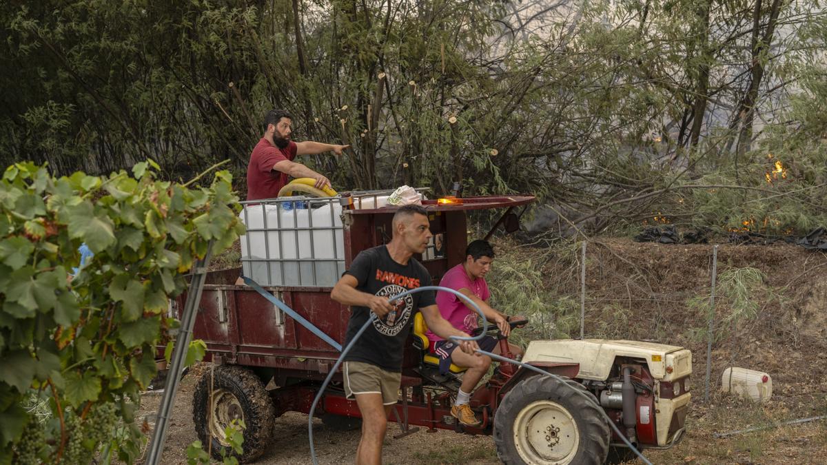 Vecinos luchando contra las llamas en Beade.
