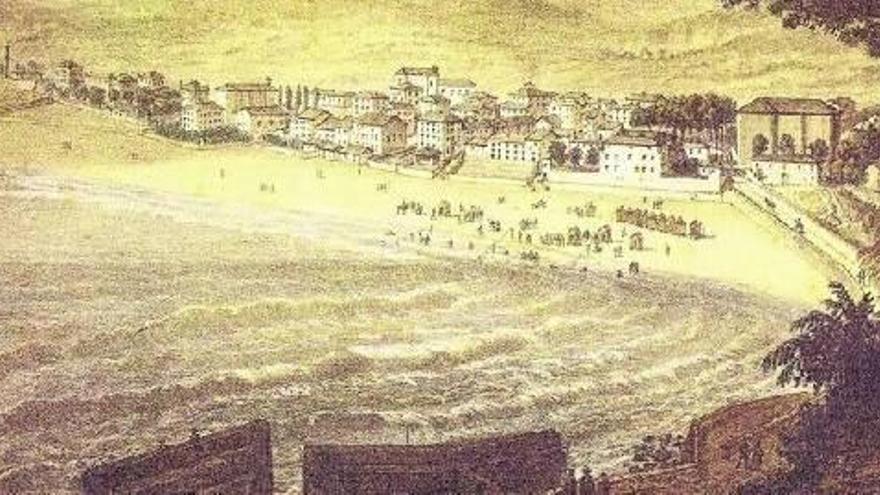 Cuadro que muestra las casa y el arenal de Zarautz en el año 1870