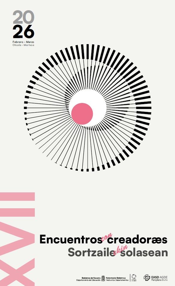 Cartel de la presente edición de los Encuentros con Creadoras/es de la EASD, diseñado por alumnado del Ciclo de Grado Medio de Gráfica Impresa de la Escuela.