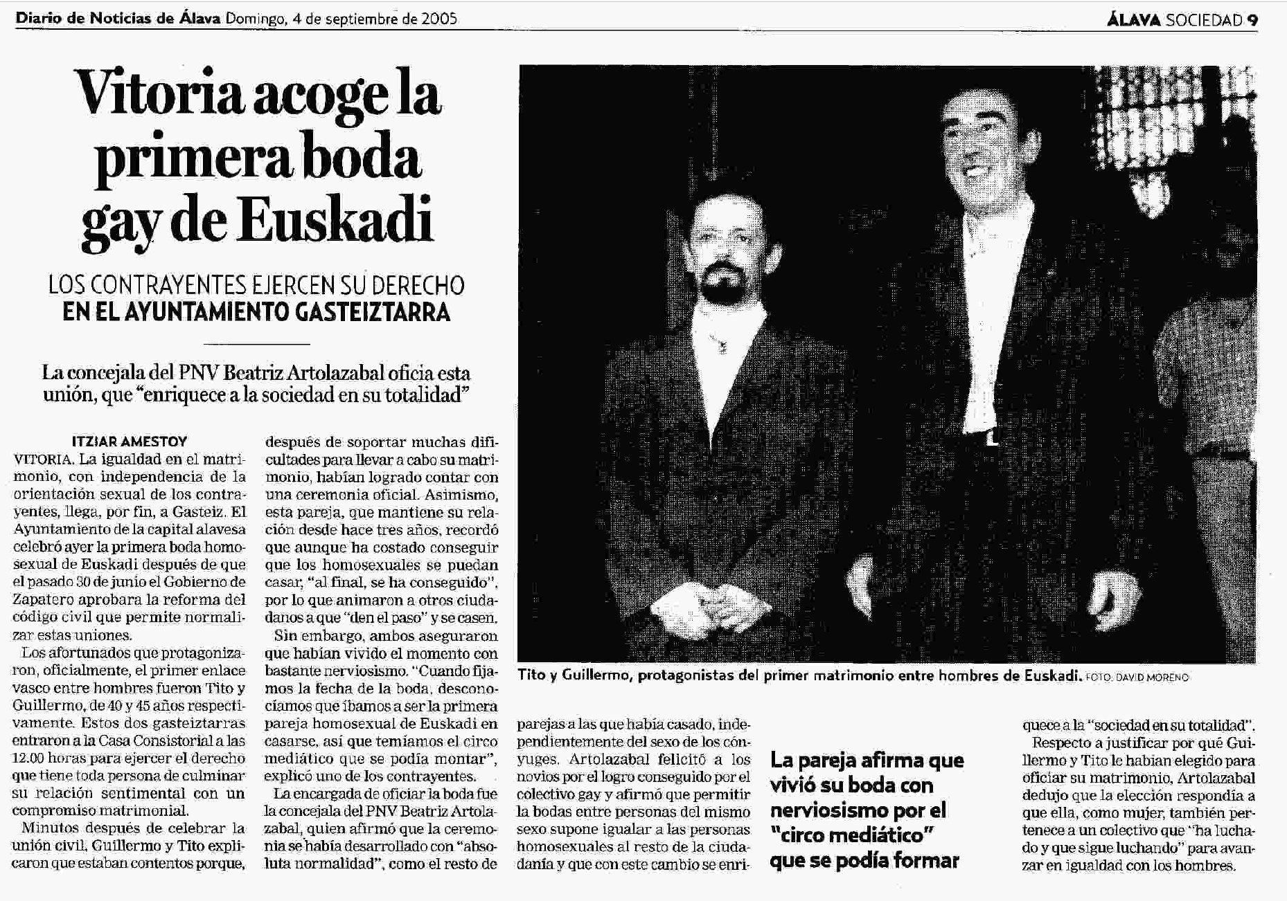 Se cumplen 20 años de la celebración de la primera boda homosexual en Euskadi, celebrada en Vitoria
