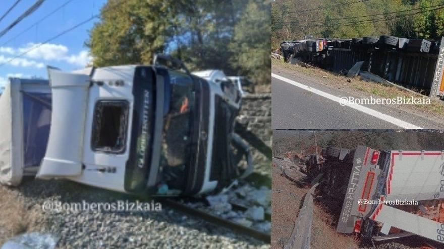 Un camión cae a las vías del tren en Muxika