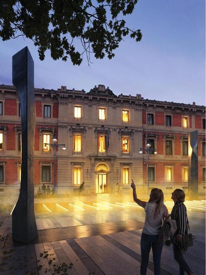 Recreación del nuevo paseo de Sarasate, con la escultura de Oteiza (Proyecto Isolíneas).