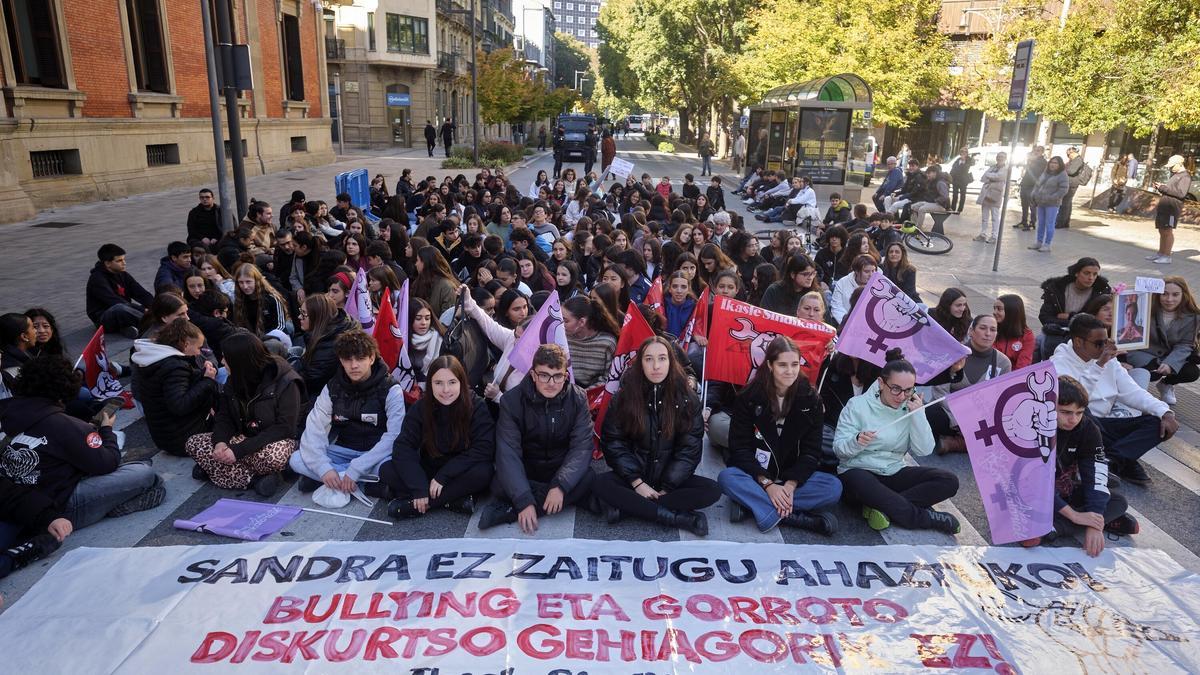 Reciente sentada frente al Parlamento de Navarra durante la protesta estudiantil contra el acoso escolar, convocada por el Sindicato de Estudiantes para recordar a Sandra, la estudiante sevillana que se suicidó por sufrir bullying en su centro escolar.
