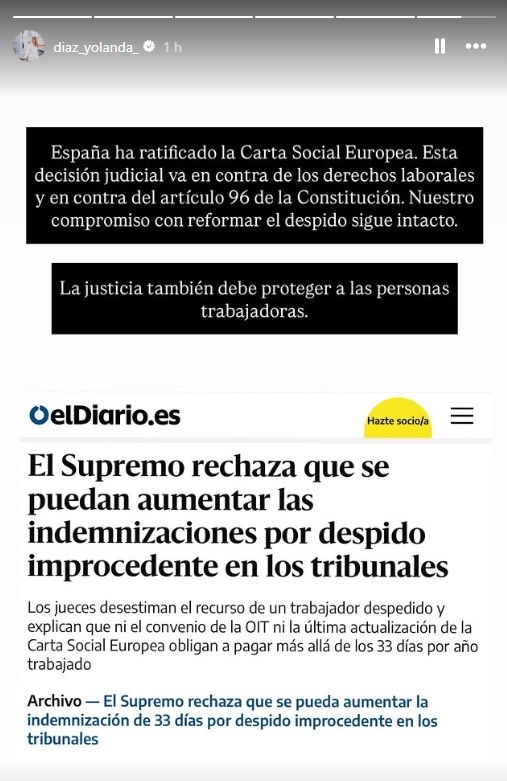 El mensaje de Yolanda Díaz en Instagram.
