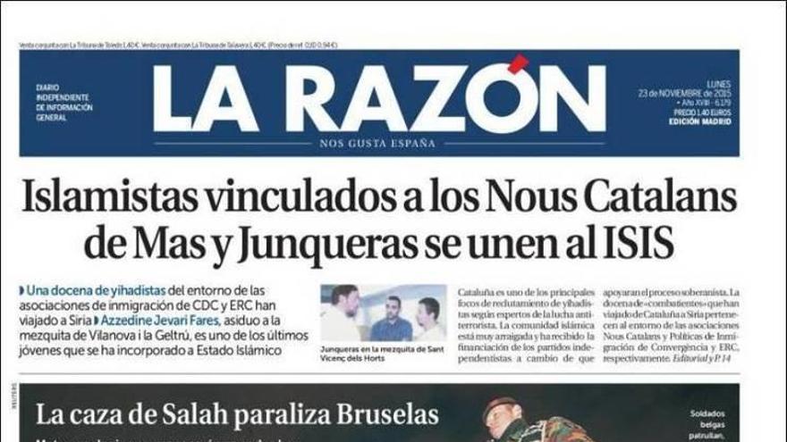 &#039;La Razón&#039; involucra a Mas y Junqueras con yihadistas en una polémica portada