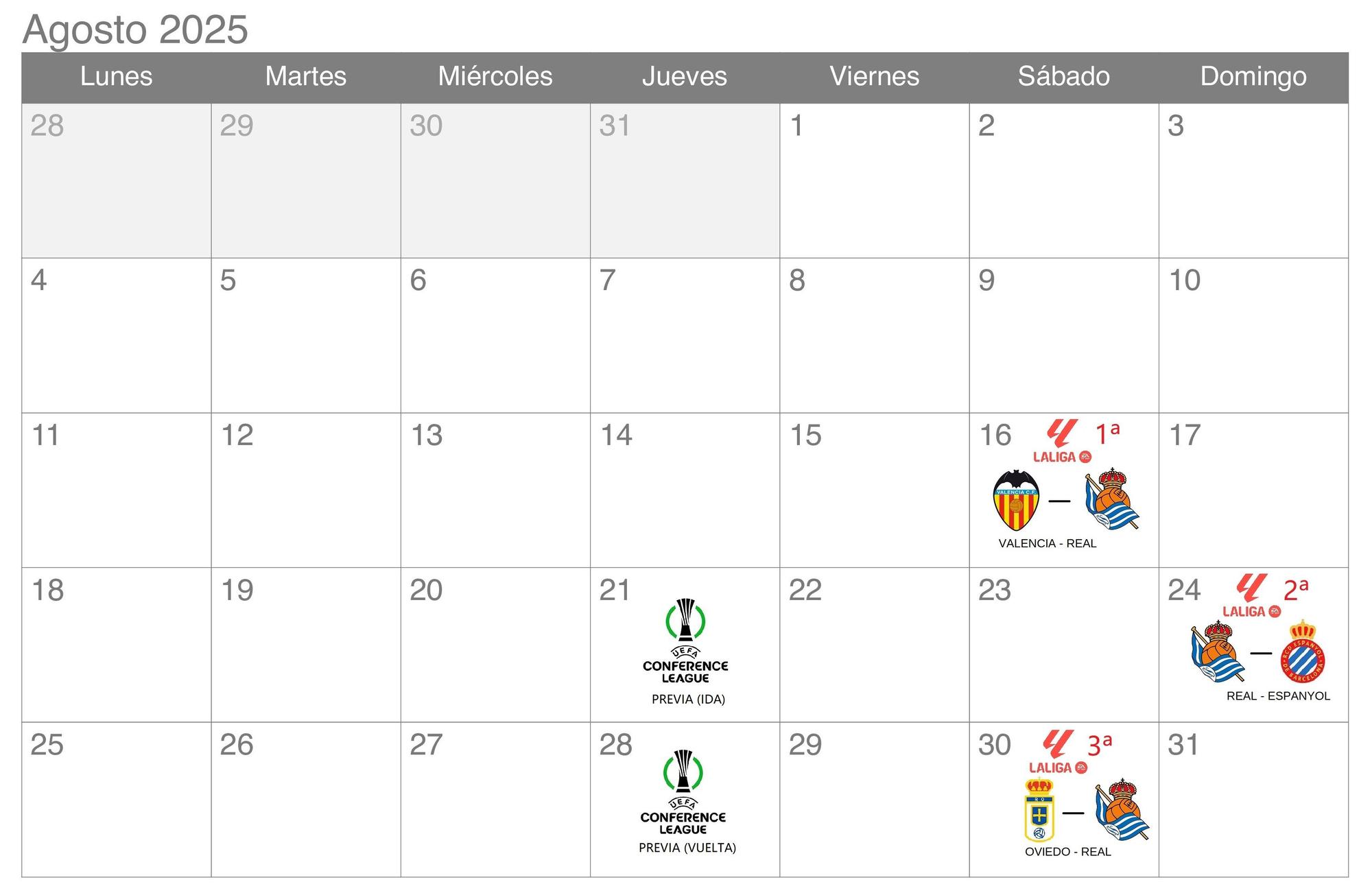 1- AGOSTO: TRES DUELOS ANTES DEL PARÓN. La Real iniciará la temporada con tres encuentros de Liga antes del parón de septiembre. En ellos se medirá a Valencia, Espanyol y Real Oviedo, visitando Mestalla y el nuevo Carlos Tartiere.