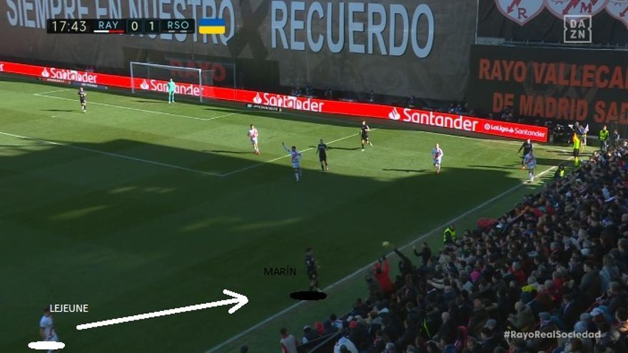 La jugada de esta nueva imagen quedó en nada, pero sirve para explicar cómo se descompensaba el Rayo en todo su sector derecho. Es el central Lejeune quien salta a Marín, dejando tras él a Sorloth...