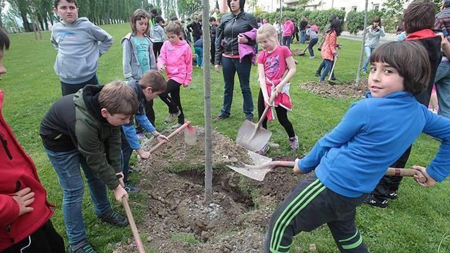 Imagen de escolares en un momento de la plantación en Mendillorri.