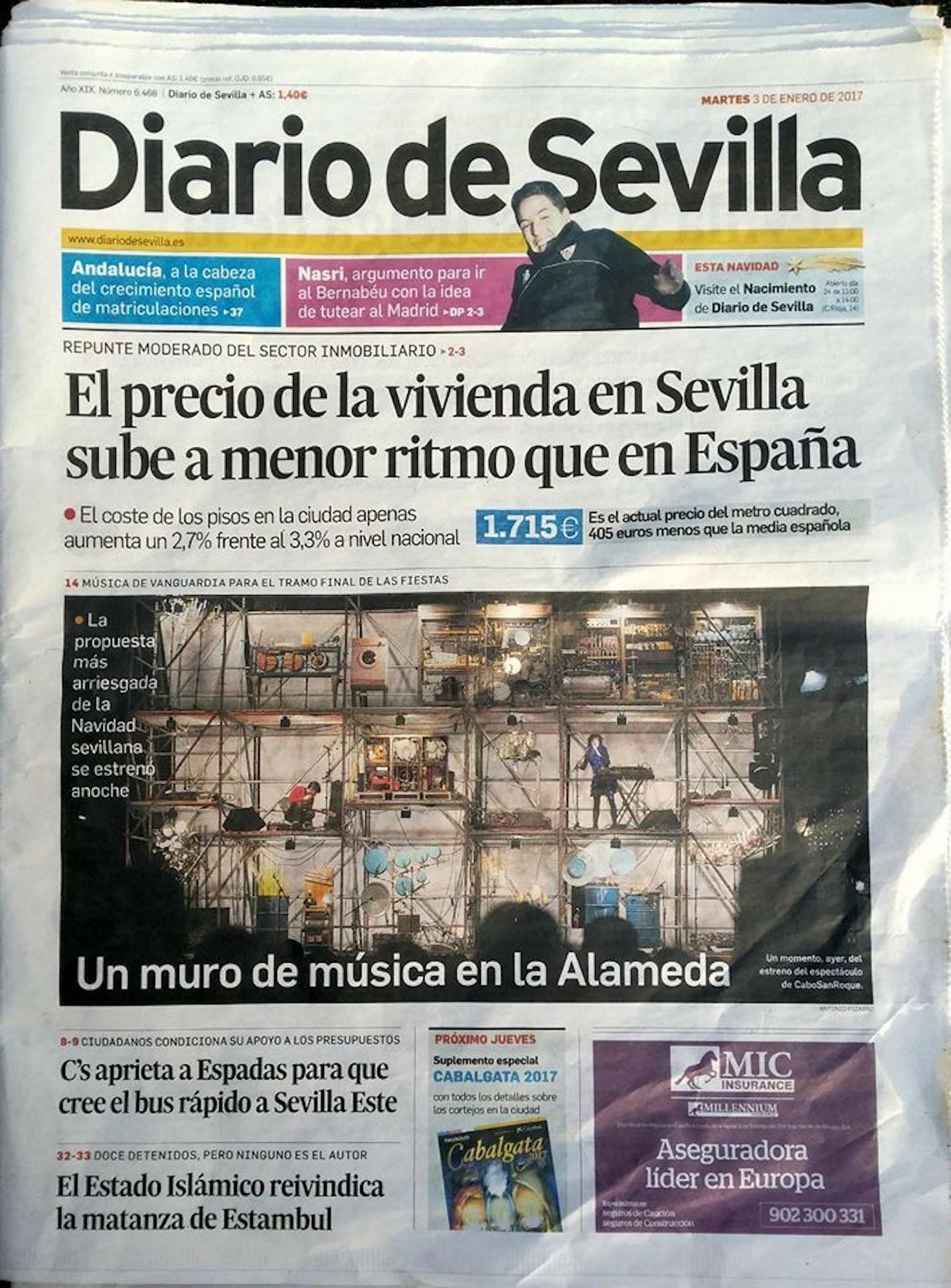 'Mural sonoro', en la portada del periódico Diario de Sevilla.