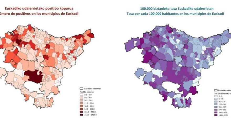 Gráficos con casos de coronavirus por municipio y según la tasa de 100.000 habitantes.