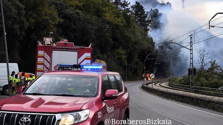 El viento dificulta la extinción del incendio forestal en Güeñes