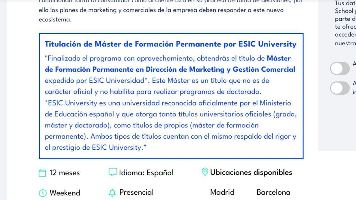 Aclaración en la web de ESIC indicando que el máster no es de carácter oficial.