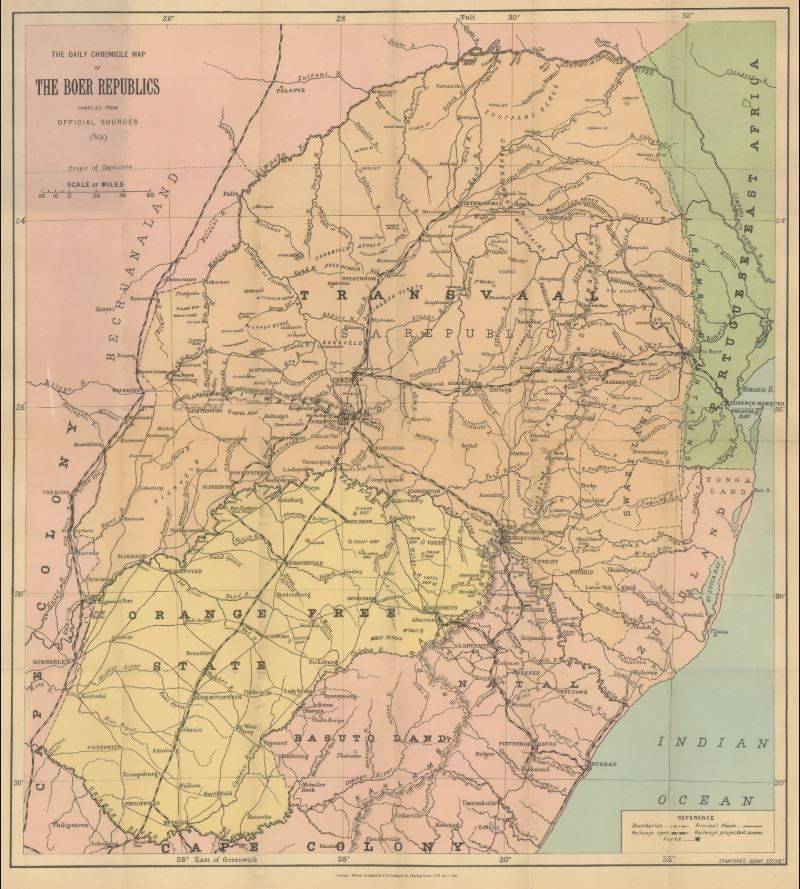 Mapa de las repúblicas bóer elaborado por Edward Standford, 1899.