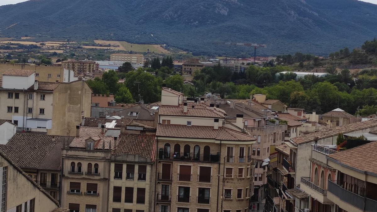 Vista del centro de Estella-Lizarra, con Montejurra al fondo.