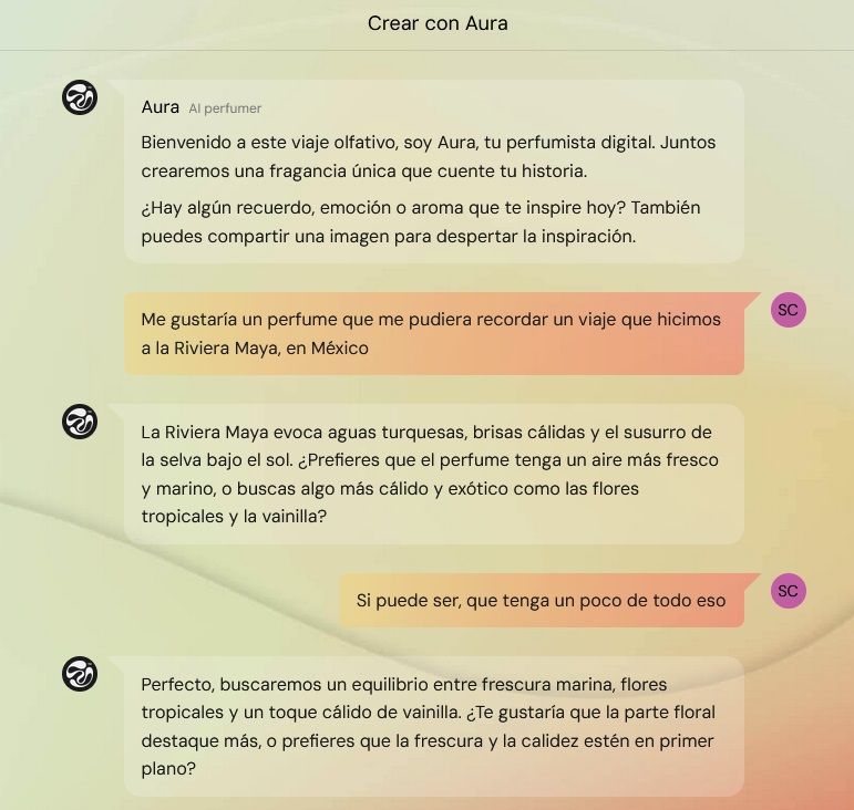 Así se interactúa con 'Aura', la IA de Scircle, para crear el perfume.