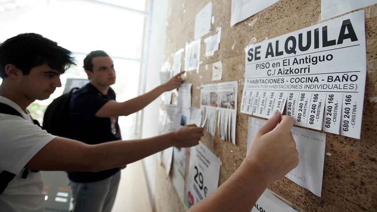Jóvenes interesándose por viviendas de alquiler en Donostia