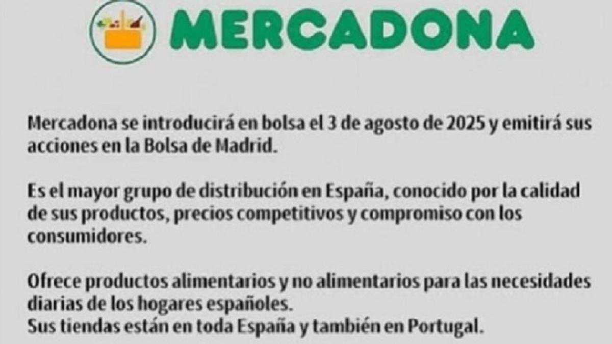 Uno de los falsos mensajes en cuentas que se hacen pasar por las de Mercadona.