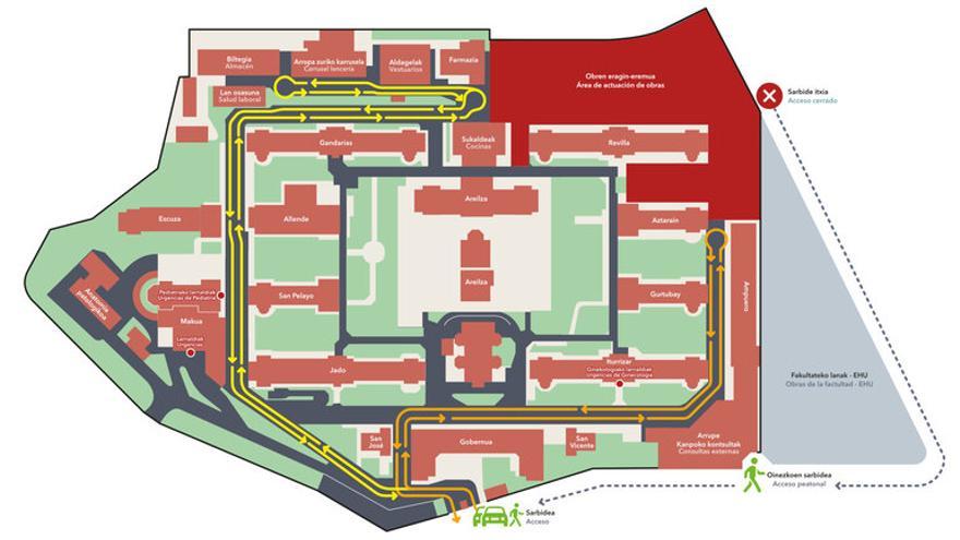 Mapa de los cambios de circulación por las obras del nuevo edificio del Hospital de Basurto