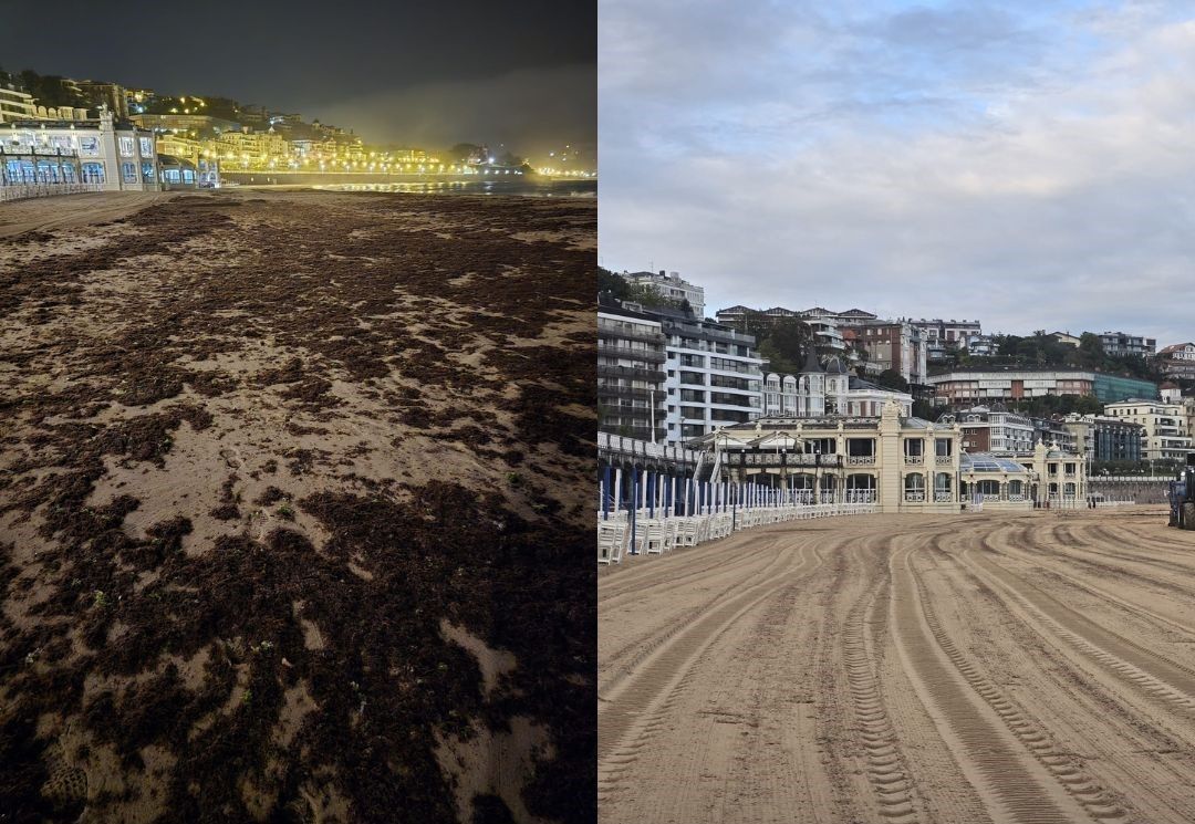 La playa de La Concha antes y después de la retirada de algas