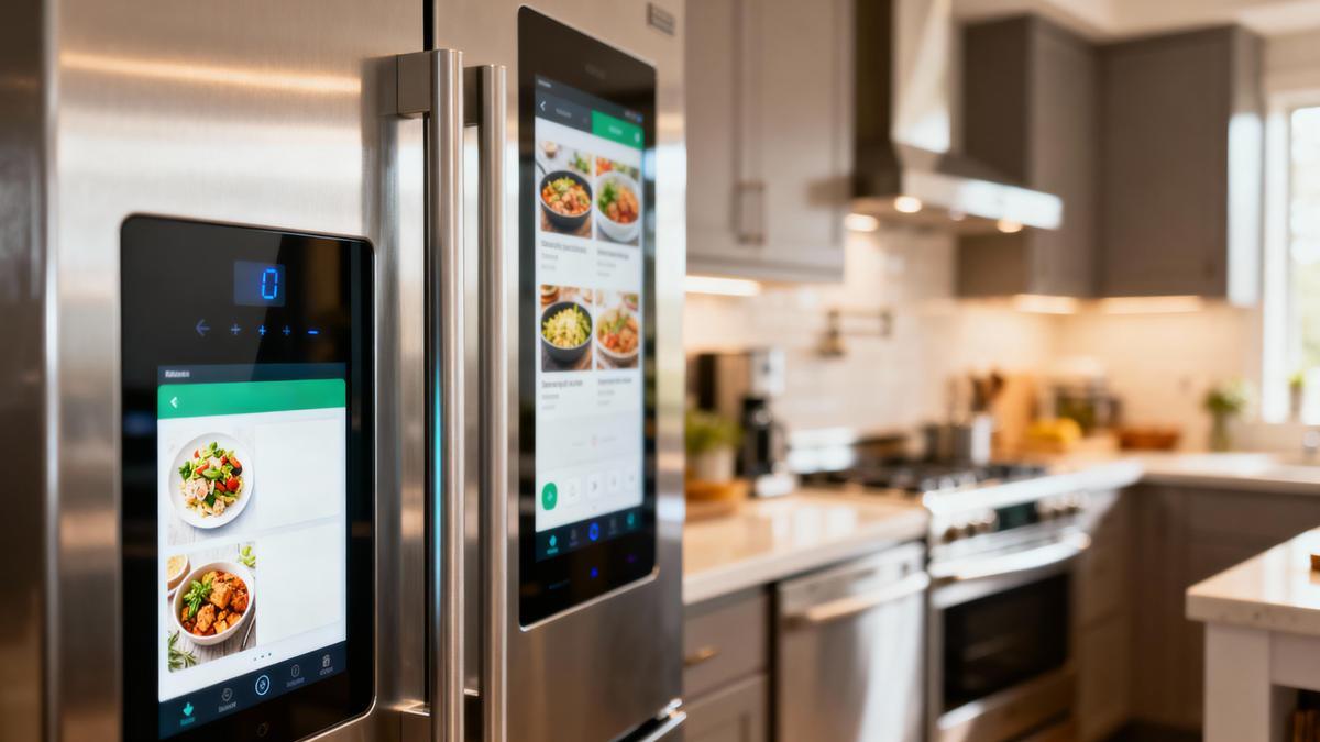 Un frigorífico con IA muestra en una pantalla propuestas de recetas con los alimentos que almacena.
