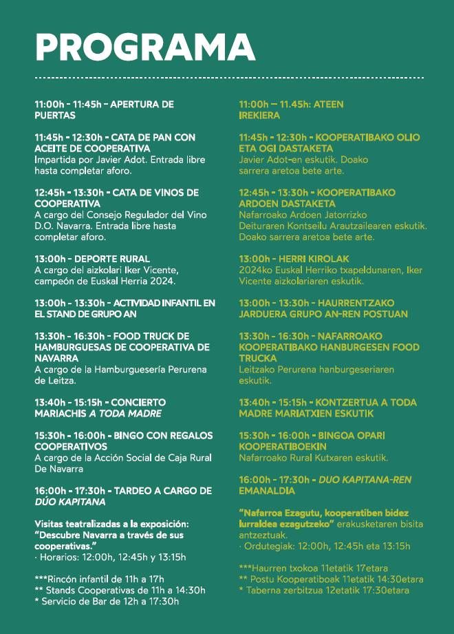 El programa de la feria del Cooperativismo Agroalimentario de Navarra.