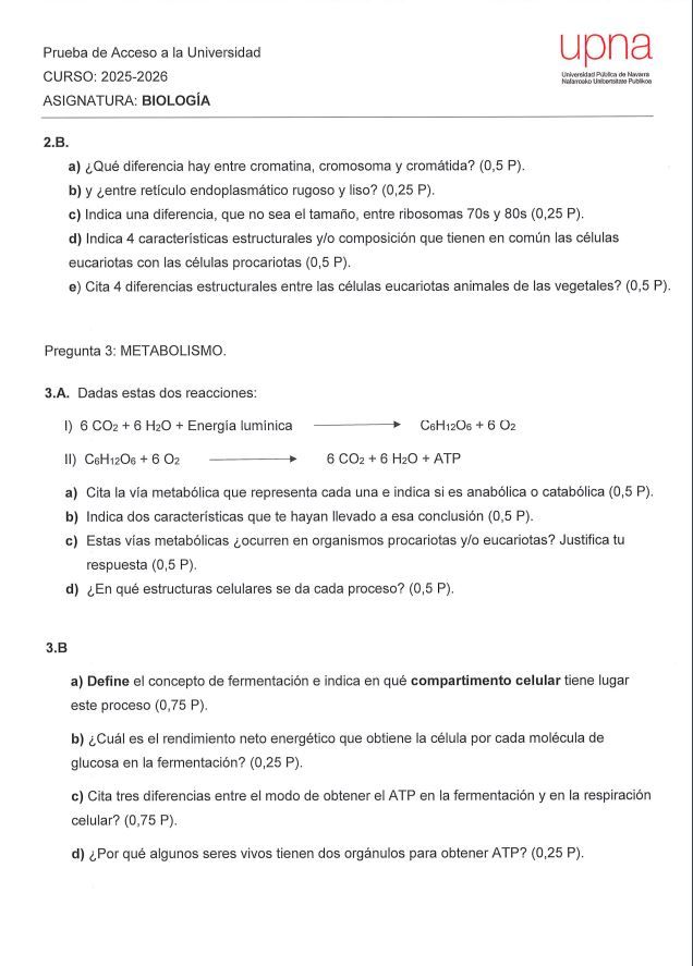 Segunda página de la evaluación de Biología