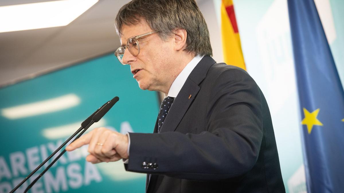 El presidente de Junts, Carles Puigdemont, durante una rueda de prensa.