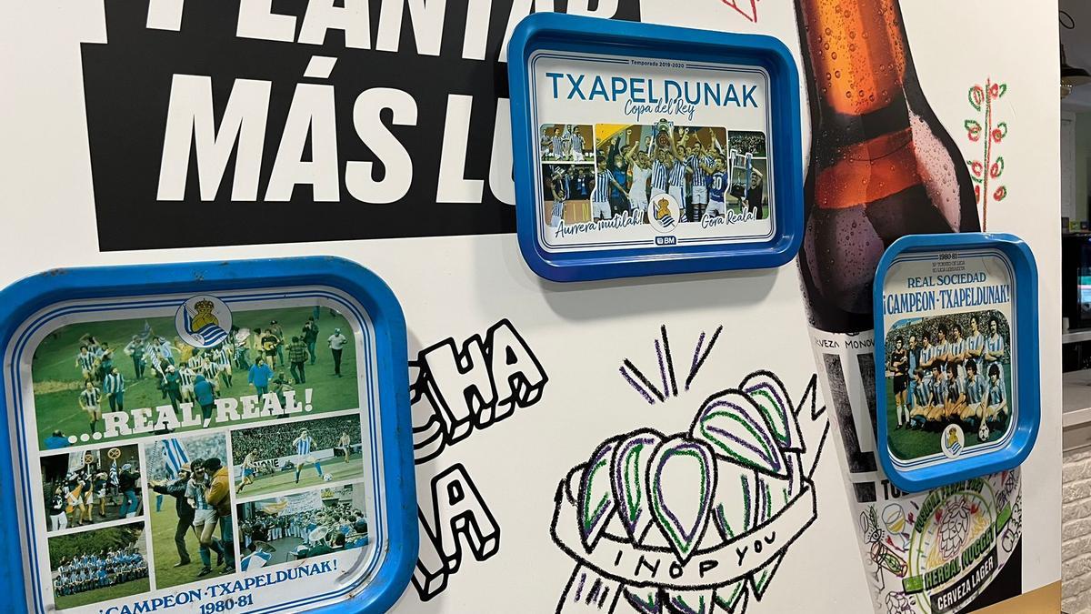 Bandejas que la peña Galicia Txuri Urdin tiene en su sede.