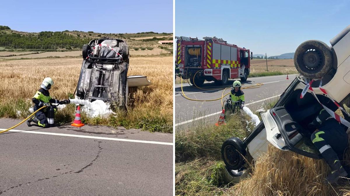 Dos imágenes del accidente con vuelco en Aibar.
