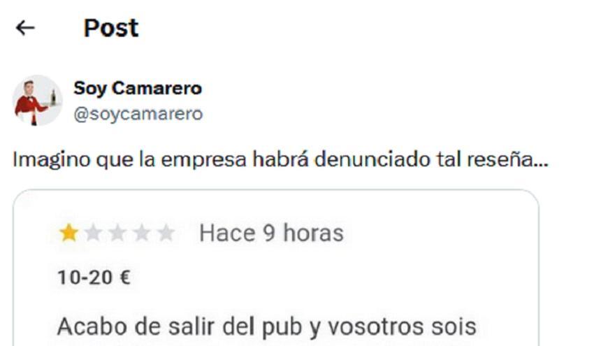 Le quitan la copa sin acabar en un pub y la reseña que publica es para que lo denuncien