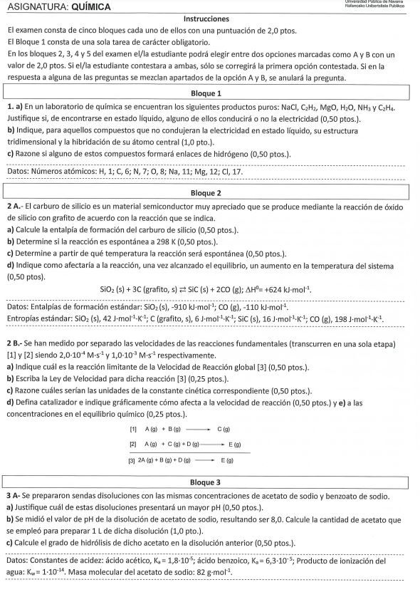 Primera página de la evaluación de Química de la PAU