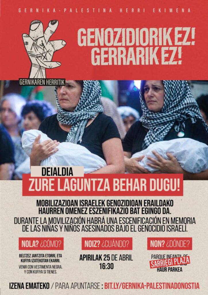 La asociación Gernika-Palestina ha convocado para este sábado 25 de abril una marcha en Donostia