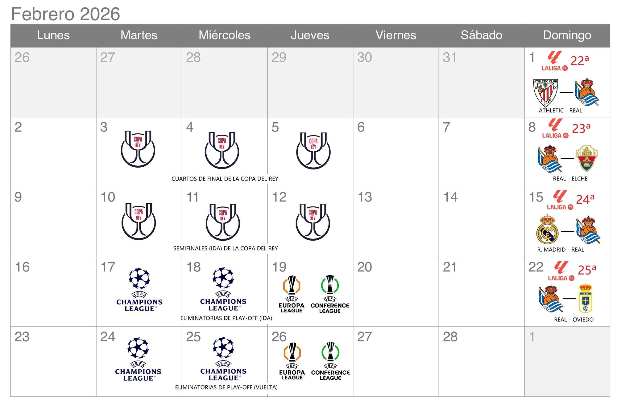 7- FEBRERO: A SAN MAMÉS Y BERNABÉU. La segunda vuelta liguera habrá arrancado a mediados de enero y tendrá luego continuidad en febrero con visitas a Athletic y Real Madrid. Será importante superar en el estadio de Anoeta a Elche y Oviedo.