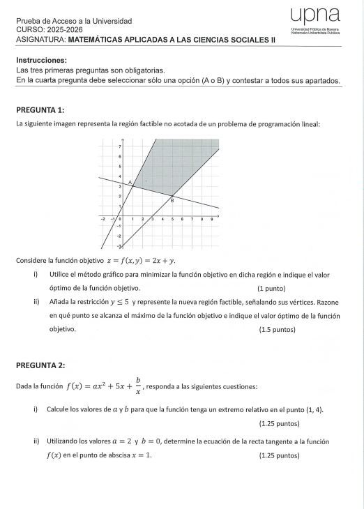 Primera página del examen de Matemáticas Aplicadas a las Ciencias Sociales.
