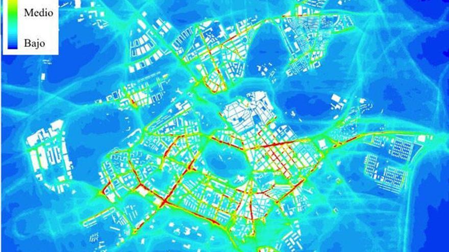 Mapa de Pamplona que muestra la contaminación a una determinada hora (20 h), representando los niveles de óxidos de nitrógeno.
