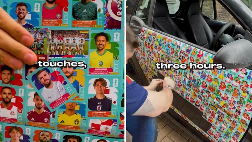 Un youtuber forra un coche con 4.000 cromos del Mundial 2026 y gasta casi 1.000 euros en el reto