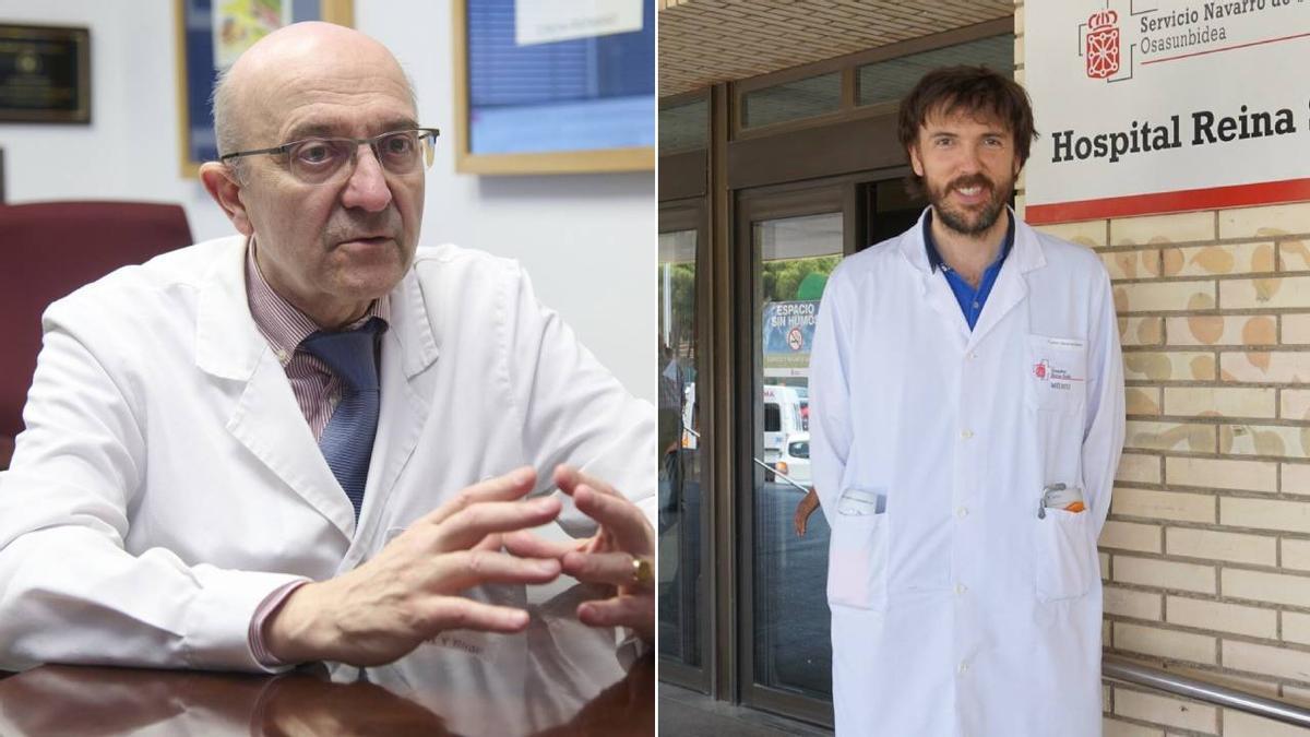 A la izquierda, Miguel Ángel Martínez González, investigador en el proyecto UNATI.  A la derecha, Javier Basterra, posando en la puerta del Hospital Reina Sofía.