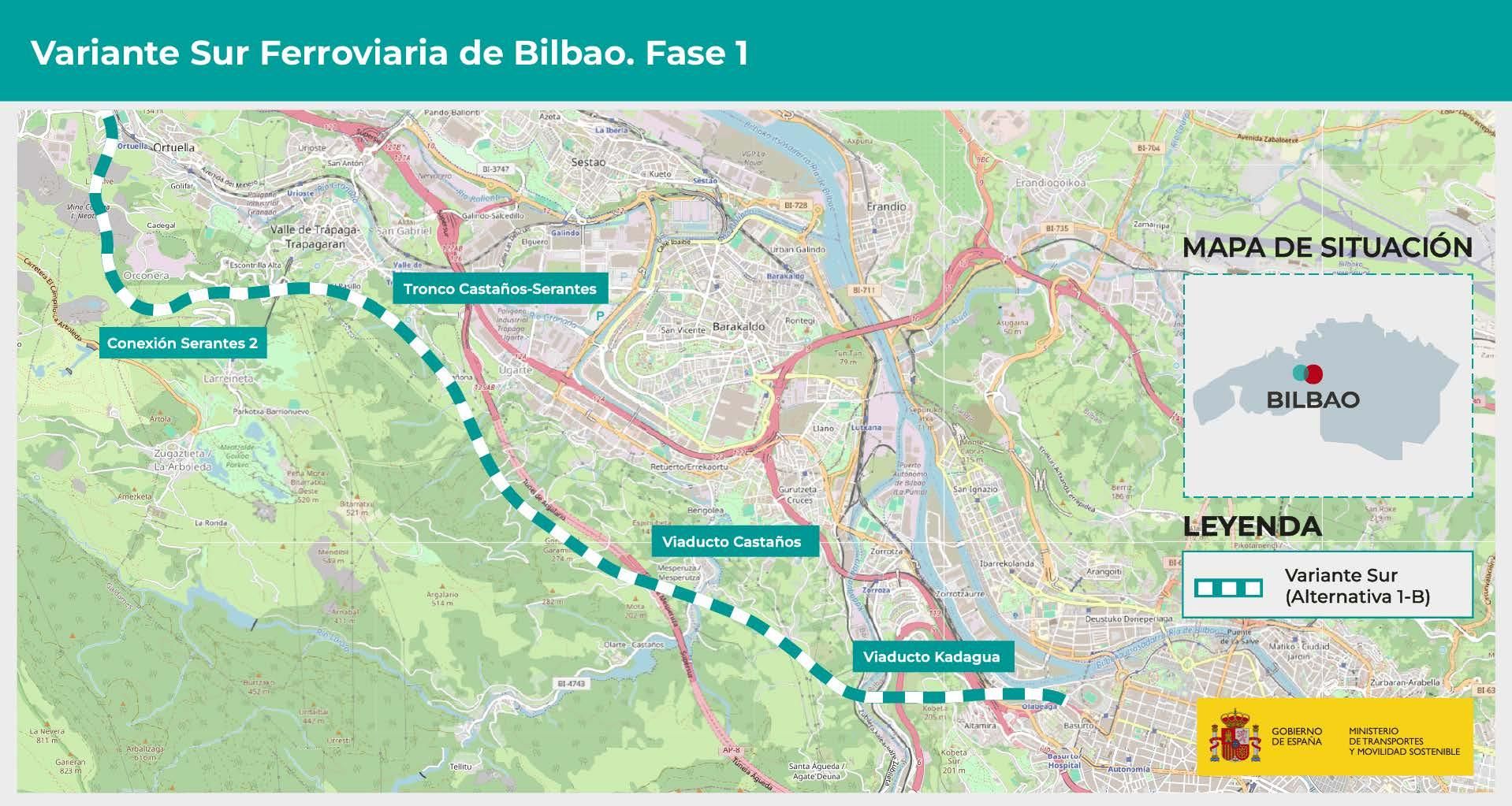 Recorrido que tendrá esta primera fase de la Variante Sur Ferroviaria entre Santurtzi y Bilbao