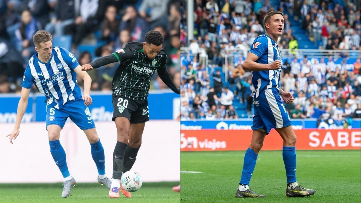 Jon Pacheco y Nahuel Tenaglia, durante el partido ante el Elche en Mendizorroza.