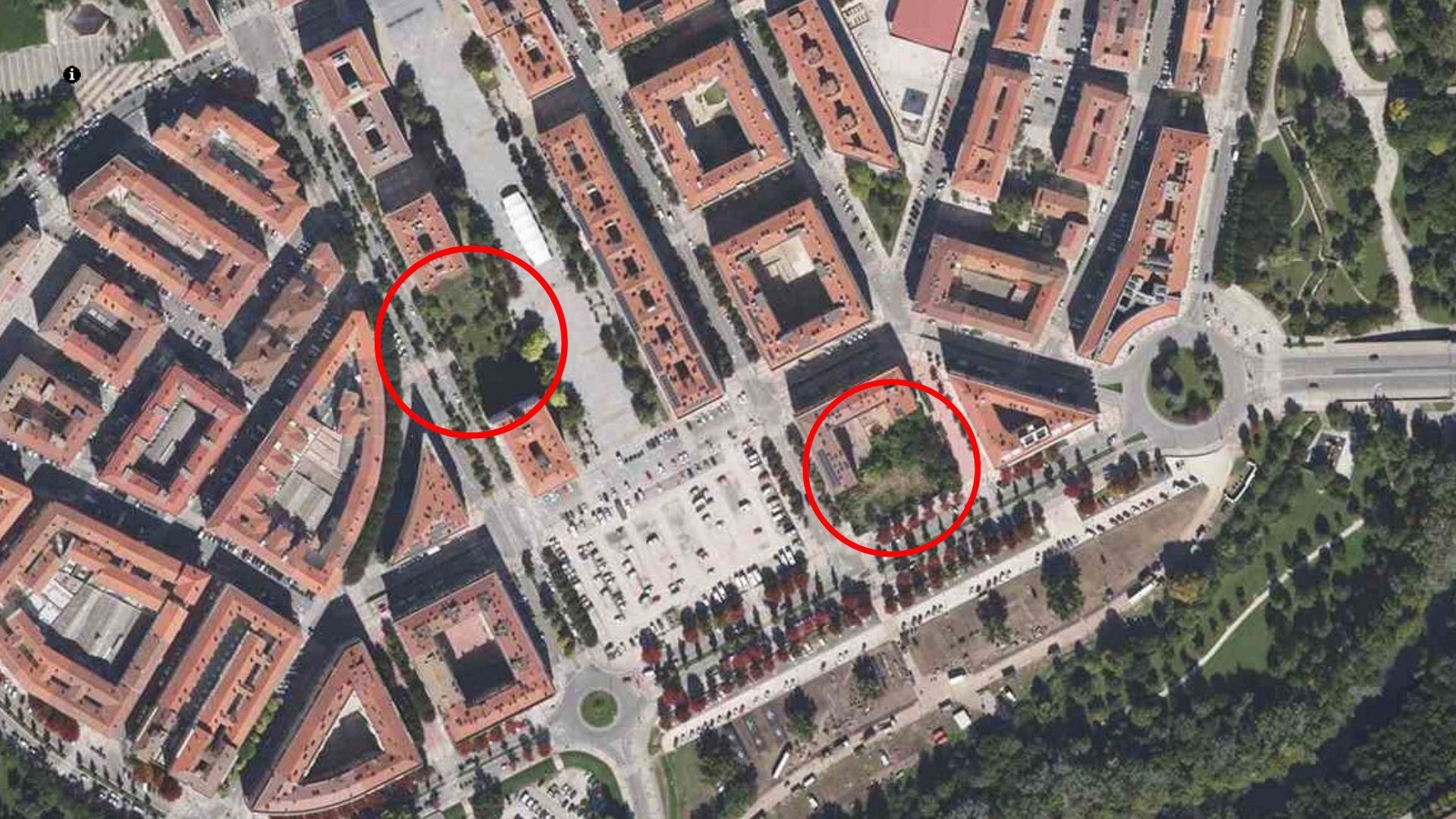 Vista aérea donde se señalan las dos parcelas, la de la izda., para 110 viviendas de precio tasado, y la de la derecha, para 60 en alquiler.