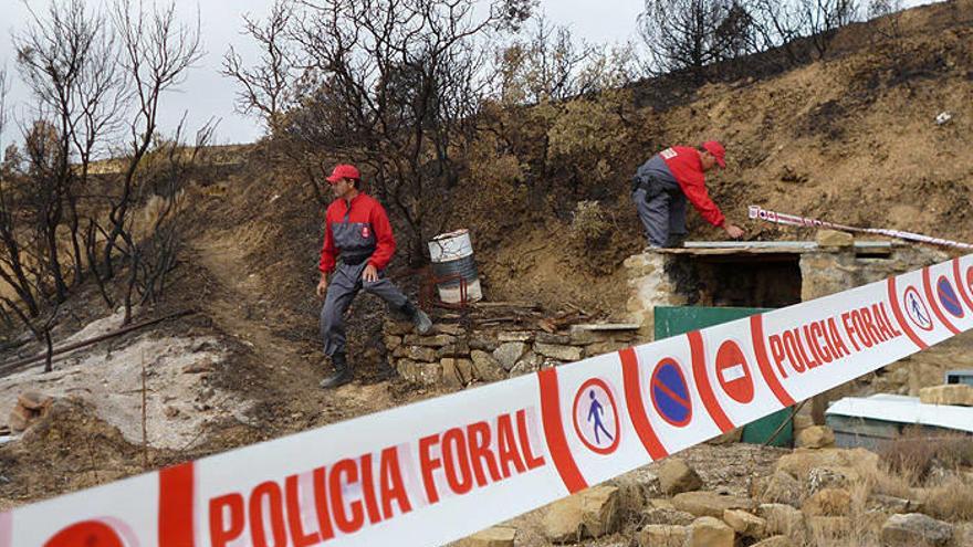 Dos agentes de la Policía Foral inspeccionan el lugar donde se originó el fuego.