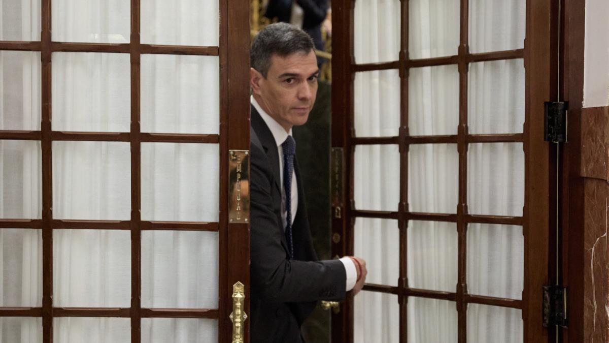 Pedro Sánchez atraviesa una de las puertas que da acceso al Congreso de los Diputados.