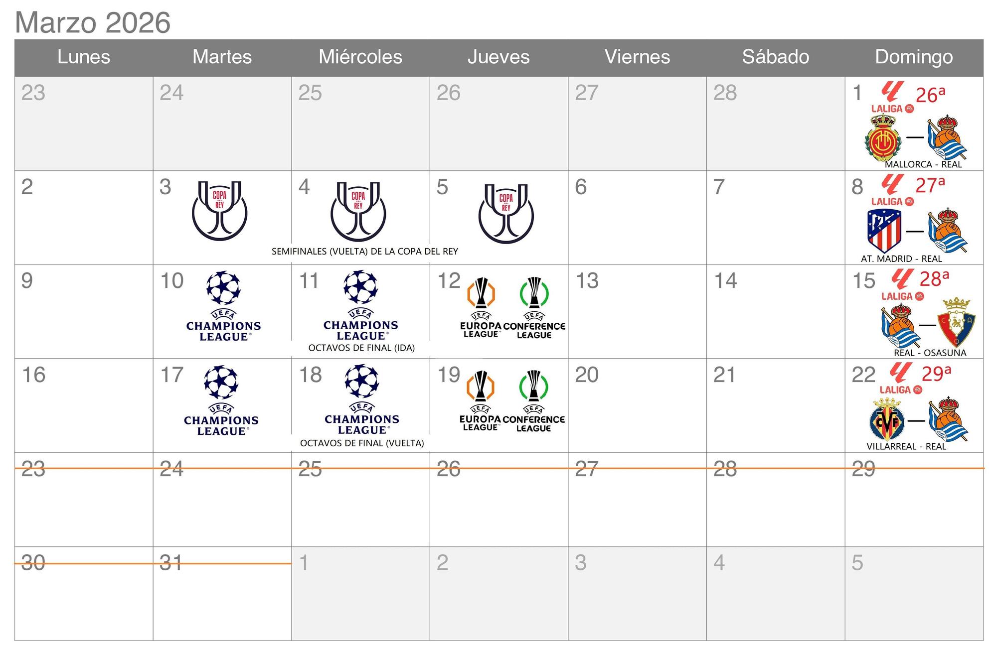 8- MARZO: TRES FUERA Y SÓLO UNO EN CASA. Ojalá sea un mes marcado por la vuelta de las semifinales de Copa. Si no, la Real se centrará en exclusiva en su difícil calendario liguero, con visitas a Mallorca, Atlético y Villarreal. Vendrá a Anoeta Osasuna.
