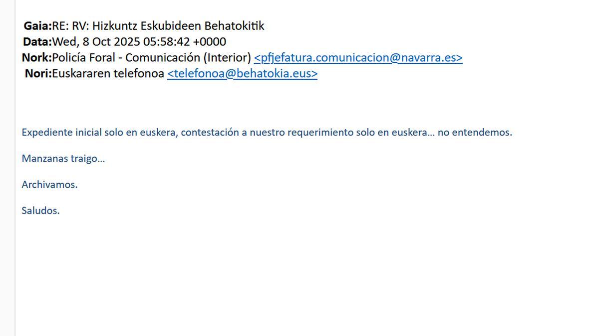 El mensaje que envió Policía Foral a Behatokia.