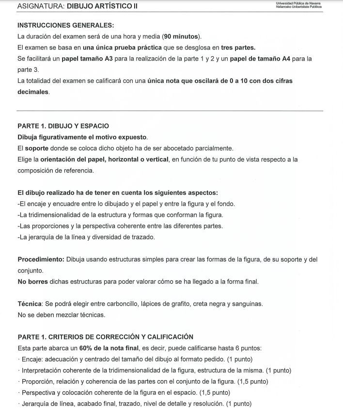 Primera página de la evaluación de Dibujo Artístico de la PAU 2026