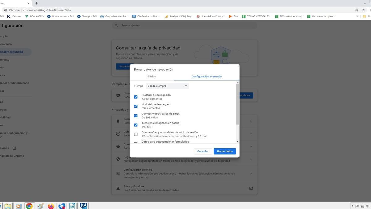 Ventana parta borrar las &#039;cookies&#039; y el cache del navegador Chrome.